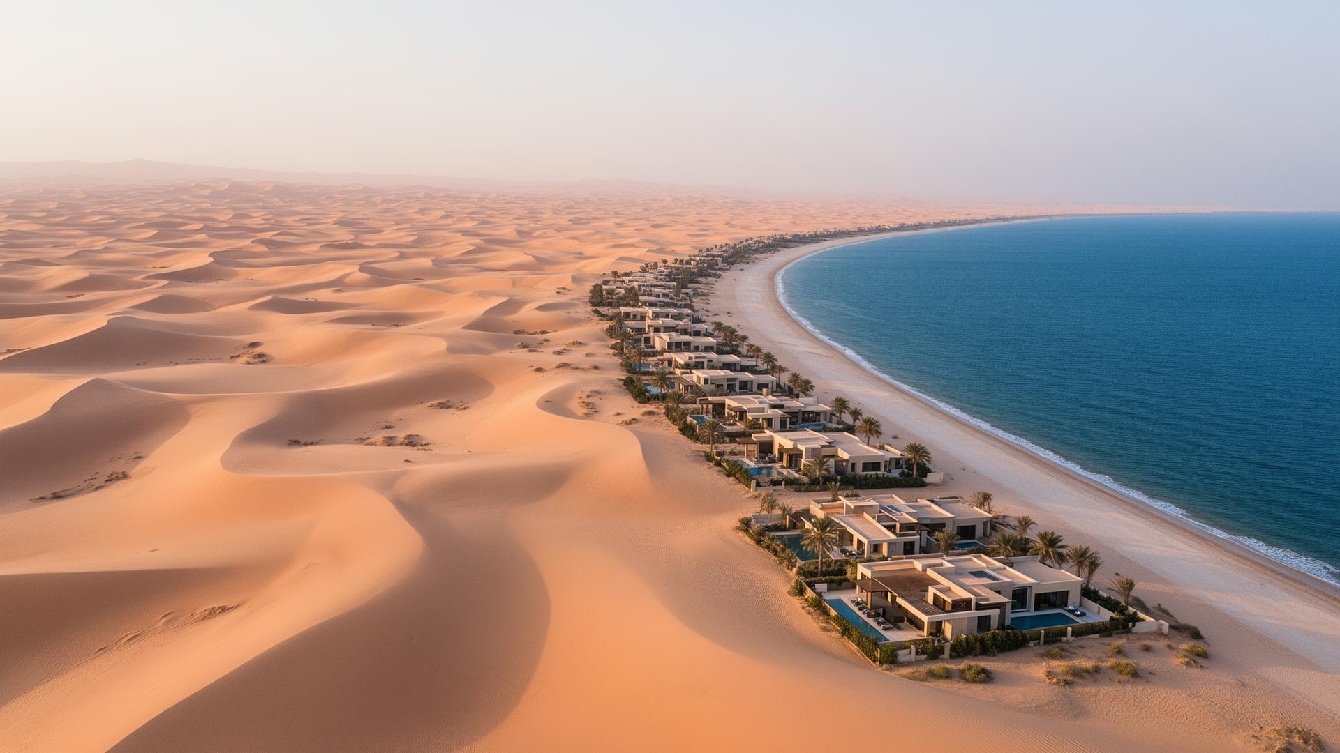 Saudi coastline with luxury resort villas meeting desert dunes